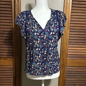 Lucky Brand Blue Flutter Sleeve V-Neck Blouse